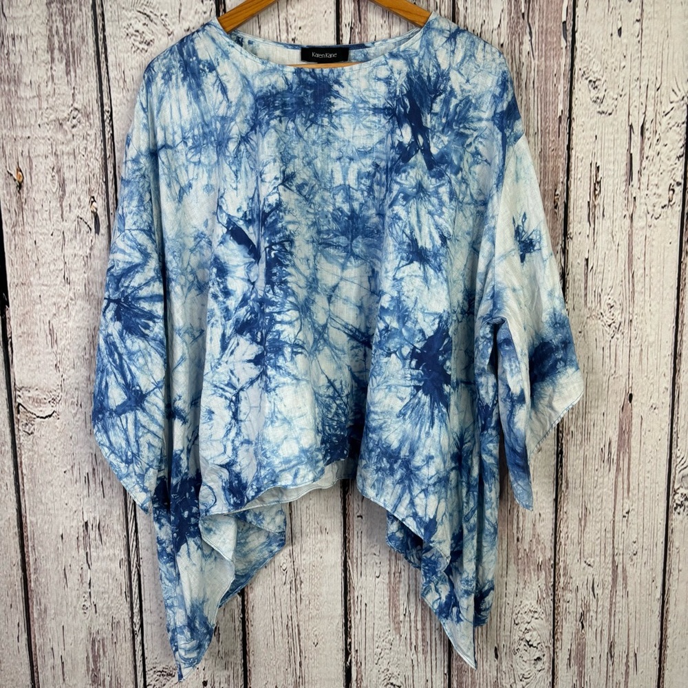 Karen Kane Flare-Hem Linen Top Size Large Oversized Fit Blue Tie-Dye Coastal EUC